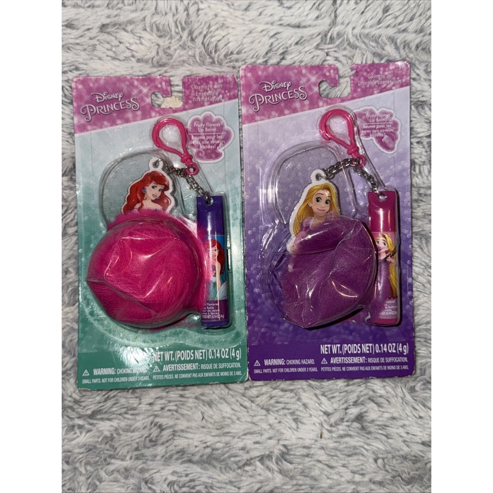 Disney Princess Ariel Rapunzel Lip Balm Keychain Cosmetic Set Lot of 2 New